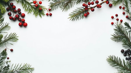 Generative AI : Festive Christmas border frame green fir branches decorated with red berries and conescovered with snow isolated on white copy spaceの素材
