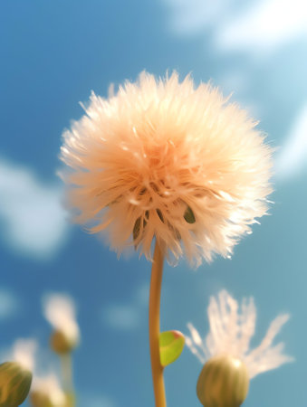 Generative AI : Fluffy airy white dandelion on a pink raspberry background macro Plant texture in natureの素材