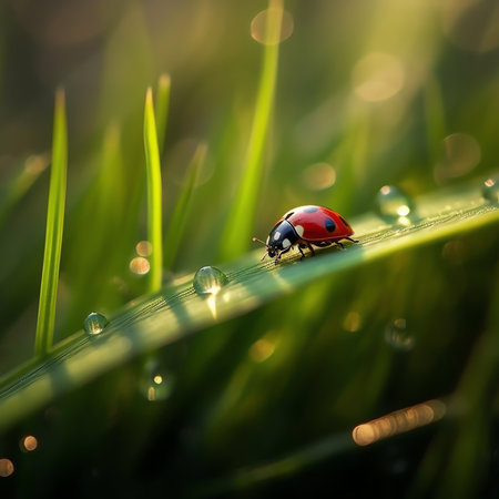 Generative AI : Fresh juicy young grass in droplets of morning dew and a ladybug in summer spring against blue sky on nature macro Drops of water on the grass natural wallpaper sofの素材