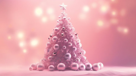 Generative AI : Christmas tree in white frost decorated pink silver balls toys on fairy frost patterns background inscription merry Christmas wide banner format frameの素材