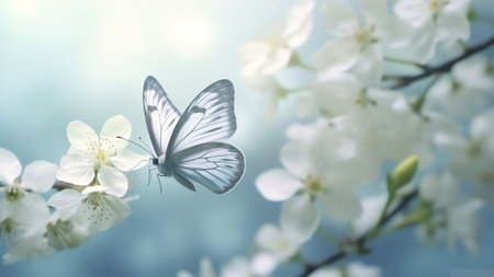 Generative AI : Beautiful white butterfly in flight and flowers with soft focus Branch blossoming cherry in spring on blue and lilac background macro Amazing elegant artistic imageの素材