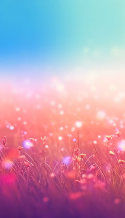 Generative AI : Beautiful summer colorful rustic pastoral landscape panorama Tall flowering grass on green meadow at sunrise or sunset with beautiful announcement against blue skyの素材