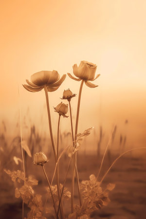 Generative AI : Vintage macro photo of nature background with wild flower wild flower with patches of sunlight on sunset Beautiful gentle air artistic image on a gold and brown bacの素材