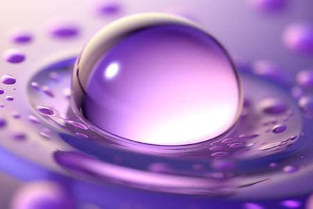 Generative AI : Large drop of liquid water dew oil rain beautiful round shape bright glare and shadow on a saturated purple lilac background closeup macro Amazing elegant colorfulの素材