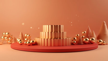 Generative AI : Creative Christmas tree with golden and red balls isolated on pink background Banner for New Years greetingsの素材