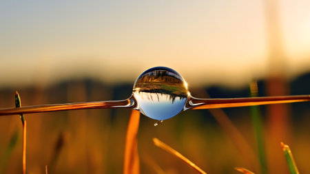 Generative AI : Beautiful water drop sparkle on a blade of grass in sunlight macro Big droplet of morning dew outdoor Amazing artistic image of purity of natureの素材