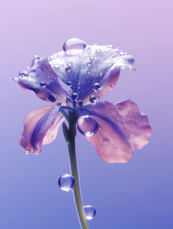 Generative AI : Dandelion with drops of dew in a violet color Beautiful violet dandelion with water drops Dandelion seed with dew on a beautiful lilac backgroundの素材