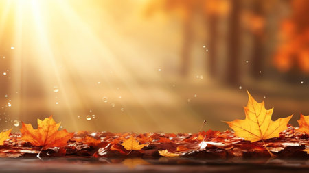 Generative AI : Panoramic beautiful autumn nature background with carpet of orange and yellow fallen maple leaves in sunlight Autumn landscape with blurry defocused park in backgroの素材