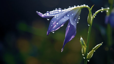 Generative AI : Beautiful drops of dew water sparkle in the sun on a bell flower macro Flower bell with rain drops on a bright green background closeupの素材