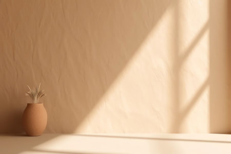 Generative AI : Minimal abstract background for product presentation Shadow on beige plaster wallの素材
