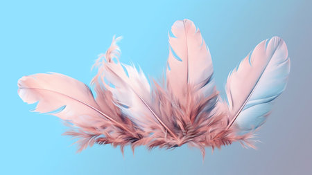 Generative AI : Light fluffy feather on light pink and blue background Soft pastel colors elegant air artistic image of natures beautyの素材