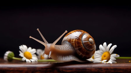 Generative AI : Snail sitting on camomile close up on a blue background with a nice bokehの素材
