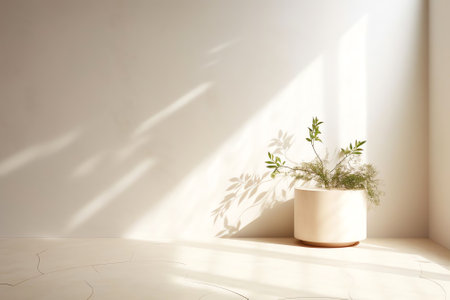 Generative AI : Minimalistic light background with blurred foliage shadow on a light wall Beautiful background for presentation with with marble floorの素材