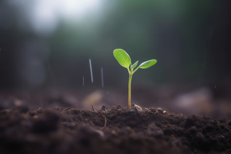 Generative AI : Young fresh sprout in sunlight in a greenhouse Green young seedling of plant sweet pepper in a brown soil with free space for text closeup macroの素材