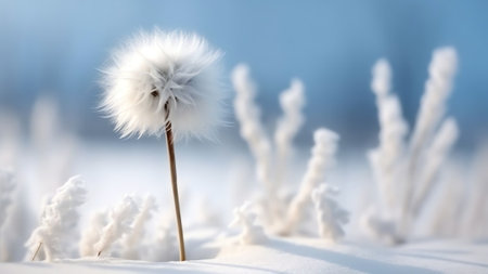 Generative AI : The plant is covered under fluffy soft snow in winter Snowflakes on a plant in nature closeup macro Winter backgroundの素材
