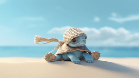 Generative AI : Waves with foam blue sea on golden sunny sandy beach in resort on summer vacation rest Symbol of sun drawing on sand figurine turtle from sand background for vacatiの素材