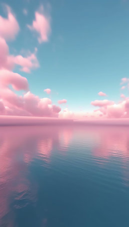 Generative AI : Mesmerizing beautiful morning Mediterranean seascape with turquoise skies soft sun peeping through the pink clouds and silvery water surface at dawnの素材