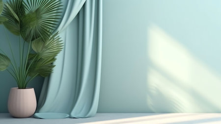 Generative AI : Minimal abstract light blue background for product presentation Shadow of tropical leaves and curtains window on plaster wallの素材