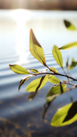 Generative AI : Young juicy green leaves on the branches of a birch in the sun outdoors in spring summer closeup macro on the background of birch trunk Spring Awakening beautiful vの素材