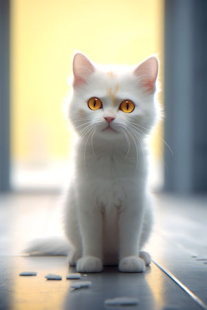 Generative AI : Small curious cute white fluffy kitten looks out from behind white columns on porch of houseの素材