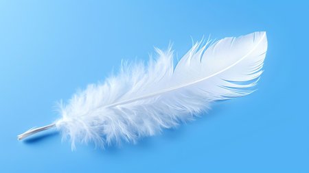 Generative AI : White light airy soft bird feather with transparent fresh drops of water on turquoise blue background closeup macro Delicate dreamy exquisite artistic image of theの素材