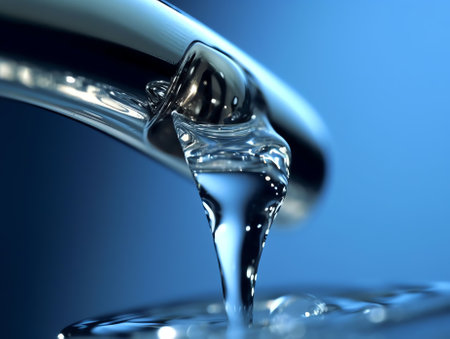 Generative AI : Water droplets drip flowing from chrome faucet in the sink in the kitchen or in the bathroom closeup macro on a blue background The concept of the idea of saving waの素材