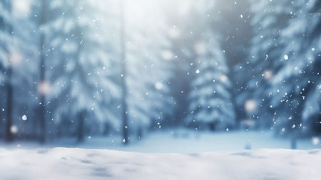 Generative AI : Beautiful winter snowy background Snowcovered fir tree in forest in snowdrifts in snowfall against blue sky on nature outdoors panoram copy spaceの素材