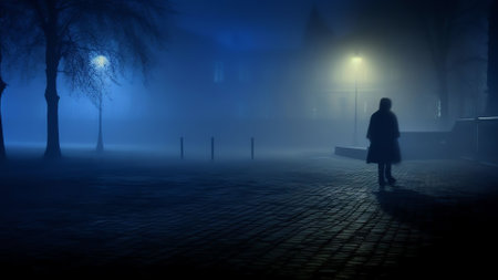 Generative AI : A lone passerby is walking along the road in the morning fog of the city The man is walking in the fog through the city Beautiful mysterious mystical artistic imageの素材