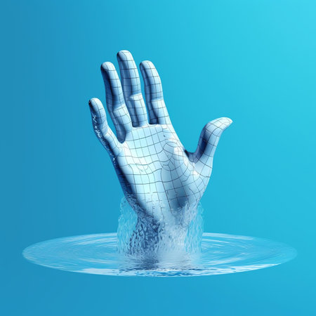 Generative AI : A hand holds a glass under a stream of clear transparent cold water from a tap on a blue background closeup of a macroの素材