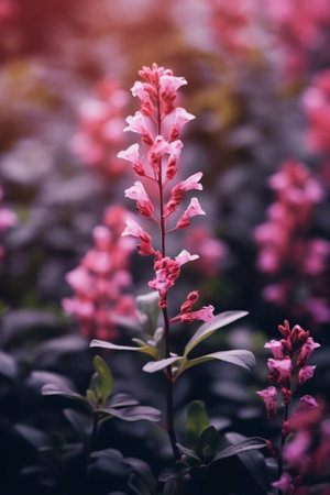 Generative AI : Beautiful bell flowers in nature in evening sunset closeup macro in in dark green and purple pink tones Gentle calm delightful artistic image of natureの素材