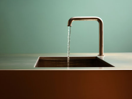 Generative AI : A stream of clean water flows into the stainless steel sink in blue tones Sink plug hole close up macroの素材
