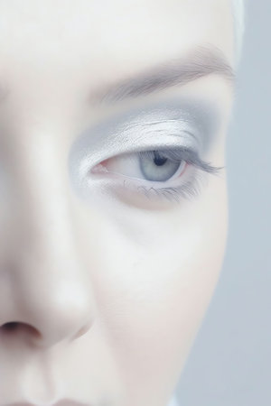 Generative AI : Closed eyes with frost or snow on eyelashes macro closeup in winter on a beige background Gentle romantic dreamy artistic imageの素材