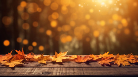 Generative AI : Beautiful autumn nature background with carpet of orange and yellow fallen maple leaves in sunlight Autumn landscape with blurry defocused forest in backgroundの素材