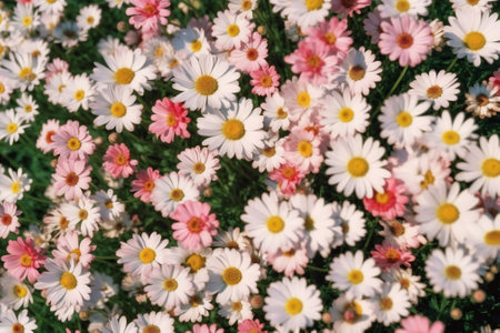 Generative AI : Beautiful background image of glade of bright blooming daisies Matricaria recutita on summer warm sunny day A lot of flowers of daisies top viewの素材