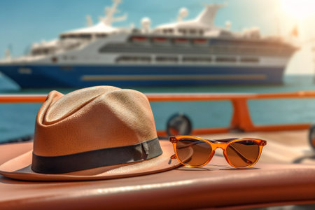 Generative AI : Beach hat sunglasses a cup of coffee and smarfon on blue wooden table in a cafe by sea Yacht and blue sky in background template for text Concept of vacation by seaの素材