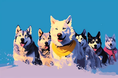 Generative AI : Beautiful creative concept Christmas and New Year White dogs harnessed to a sleigh run on snow blue wooden background Template greeting card for a congratulatory teの素材