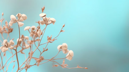 Generative AI : Beautiful flowers macro abstract art background with a soft focus Gentle flowers dill in nature on light blue turquoise and yellow backgroundの素材