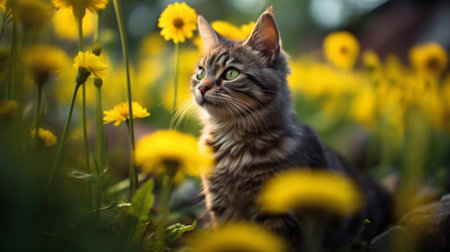 Generative AI : Cute fluffy kitten looks through yellow flowers in garden among greenery Small striped kitten in nature outdoors Soft selective focusingの素材