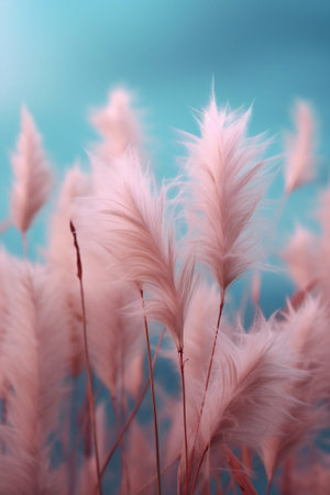 Generative AI : Abstract soft translucent atmospheric natural background in pastel light colors Blooming field grass closeup macro in blue and pink tones gentle artistic image copyの素材