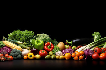 Generative AI : A set of fresh vegetables on the background of the soil closeup Pile of Vegetables on ground vegetable marrow carrots onions peppers cucumber tomato corn beets potaの素材