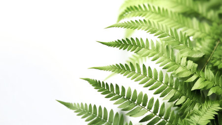 Generative AI : Beautiful natural background border with fresh juicy light green foliage of fern in sunlight in spring summer and defocused bokeh outdoors in nature panorama copy sの素材