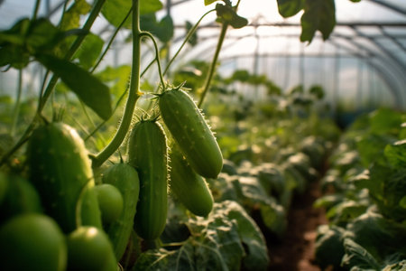 Generative AI : A lot of fresh beautiful young cucumbers in a white plastic bucket on the ground against a background of juicy green leaves Harvesting of cucumbers plants in a greeの素材