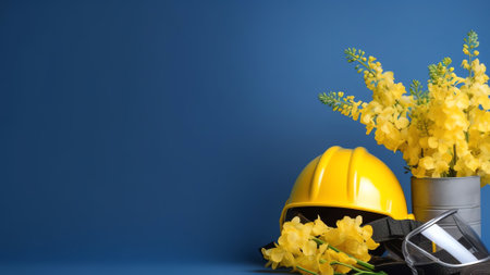 Generative AI : Concept of spring in nature White and yellow frech forest flowers in many blue paper cups on white wooden board with copy spaceの素材