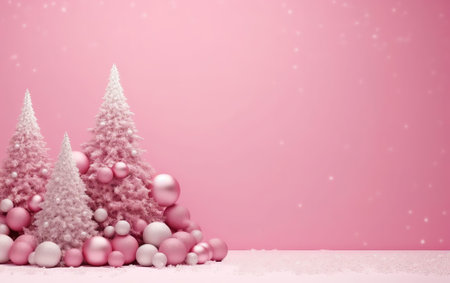 Generative AI : Christmas tree in white frost decorated pink silver balls toys on fairy frost patterns background inscription merry Christmas wide banner format frameの素材