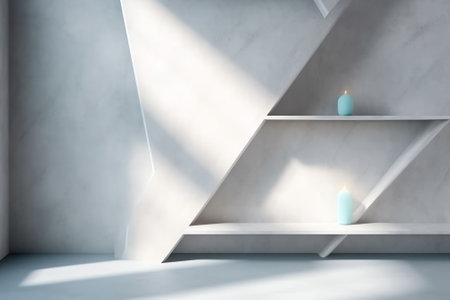 Generative AI : Light minimalist geometric background image in gray and light blue tones with light and shadow from window for product presentationの素材