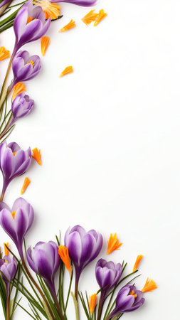 Generative AI : Cheerful colorful spring floral background with crocus flowers and white butterfly on bright sunny day Spring nature sceneの素材