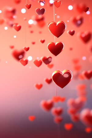 Generative AI : Bright red background with a lot of flying hearts and sparkles the frame and the inscription Love you Background for wedding cards Valentines Day birthday colorfulの素材