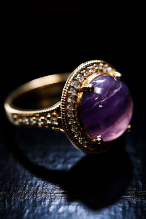 Generative AI : Beautiful elegant luxury composition of from silver and platinum jewelry with ring big lilac amethyst gemstone and diamonds on dark background closeup macro Selectiの素材