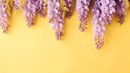 Generative AI : Beautiful purple wisteria flowers on hedge closeupの素材