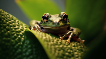 Generative AI : Cute funny little frog sitting and looking on a green leaf in the spring or in the summer on the nature close up macro Beautiful soft background blur bokehの素材